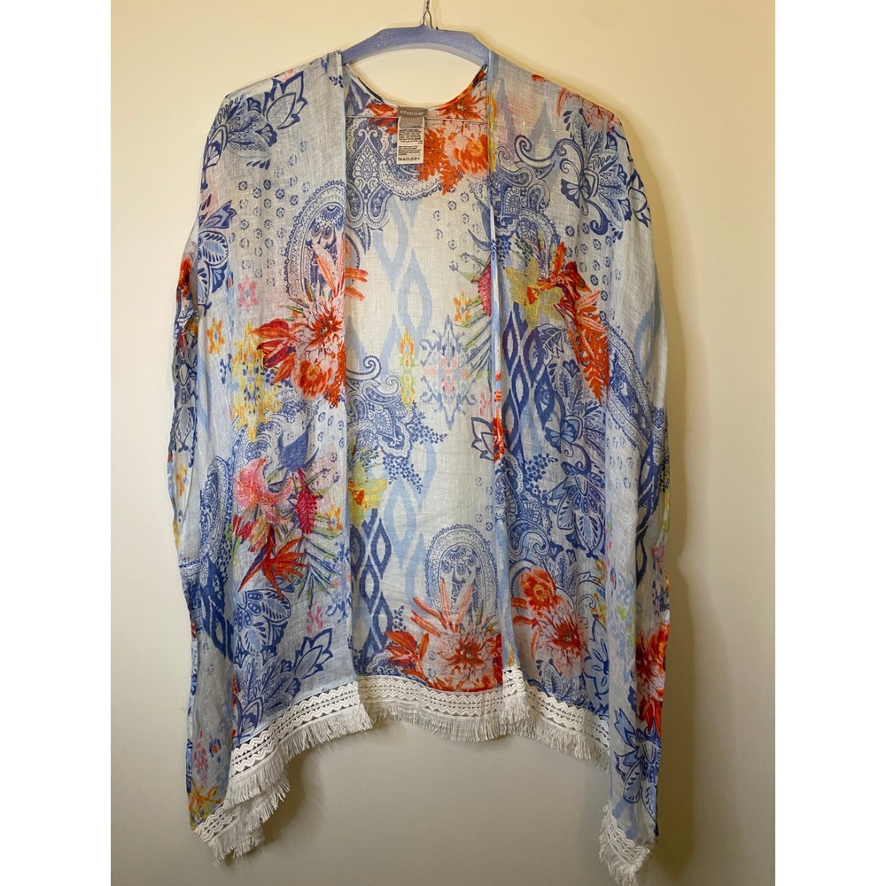 Chicos Women Floral Linen Blend Kimono Wrap Blue Orange Fringe Trim L/XL
